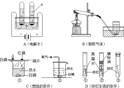 請結合如圖所示實驗回答問題:(1)儀器a的名稱是 .電解水的過程中.發(fā)生改變的微粒是 .(2)寫出一個用裝置B制取氣體的化學方程式 .當氣體收集滿后.從水槽中取出集氣瓶的正確操作順序是 .①將導氣管移出集氣瓶口 ②將集氣瓶和玻璃片一起移出水面③在水面下用玻璃片蓋住集氣瓶口 ④將集氣瓶正放在桌面上(3)C中發(fā)生反應的化學方程式為 ,D中最容易生銹的是 .鐵制品生銹的條件是 . 題目和參考答案--精英家教網(wǎng)--